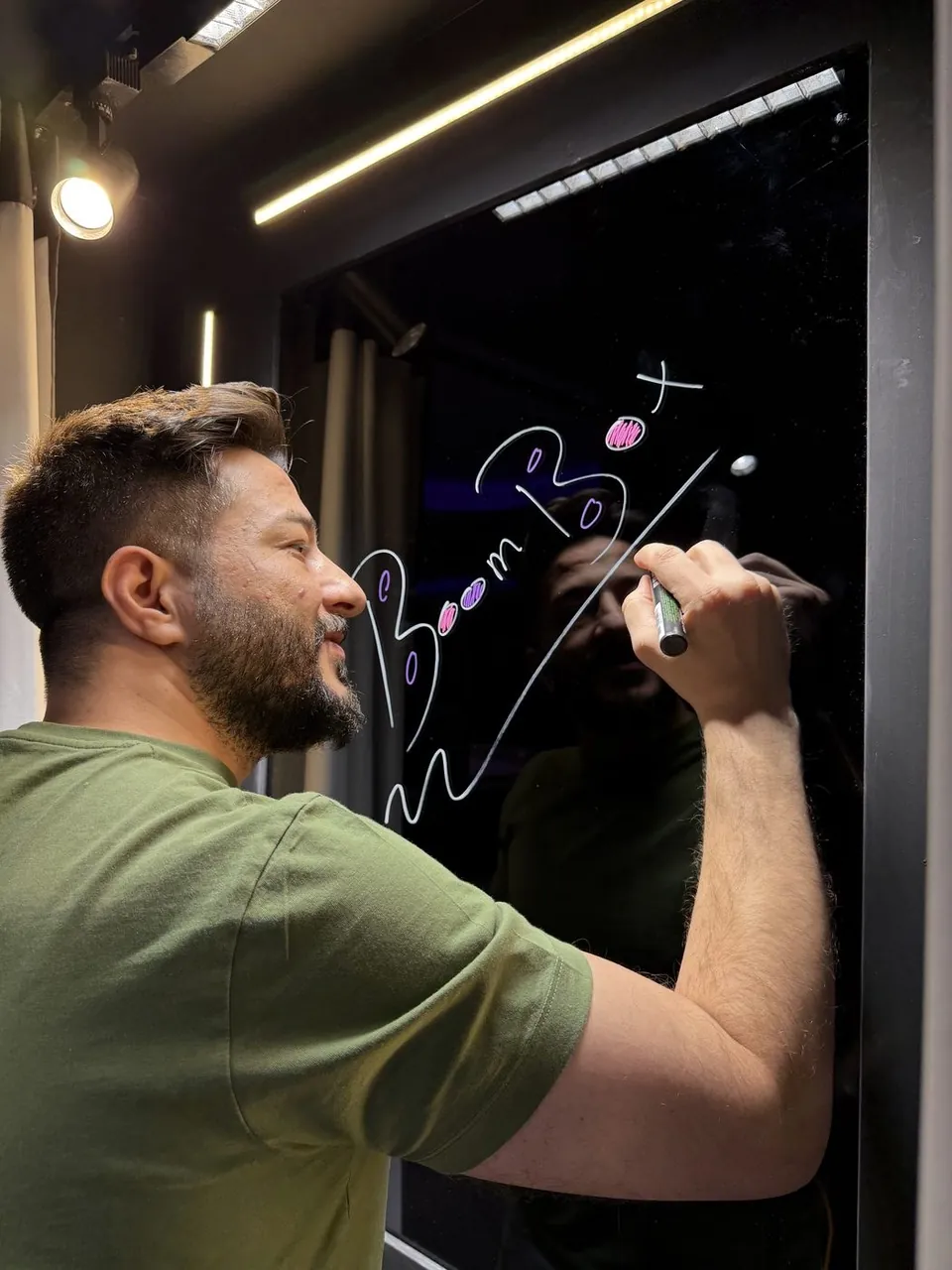 Riyadh Air cabin crew writing messages on the Signature Booth glass